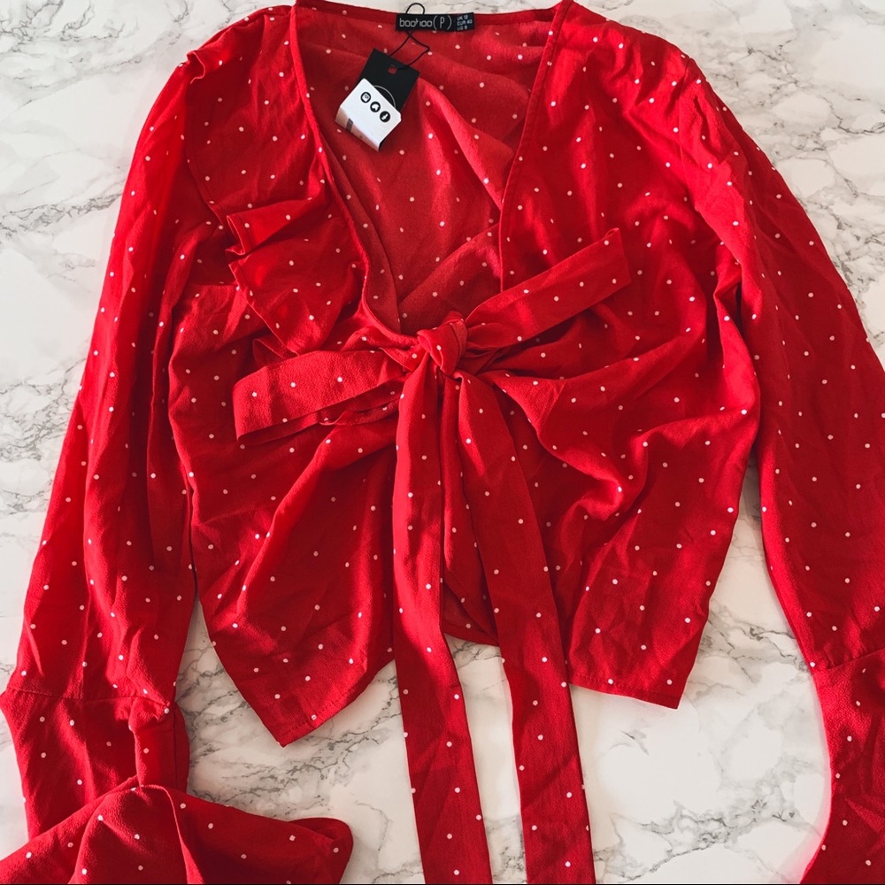 Red polka dot crop tie top